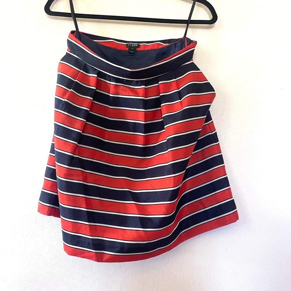 J.Crew Pleated Striped Mini Skirt Womens 6 Navy Red Pockets Zip Nautical Office
